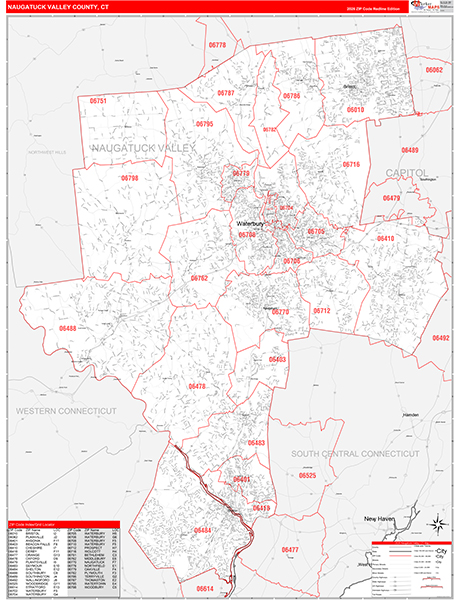 Naugatuck Valley County, CT Carrier Route Wall Map